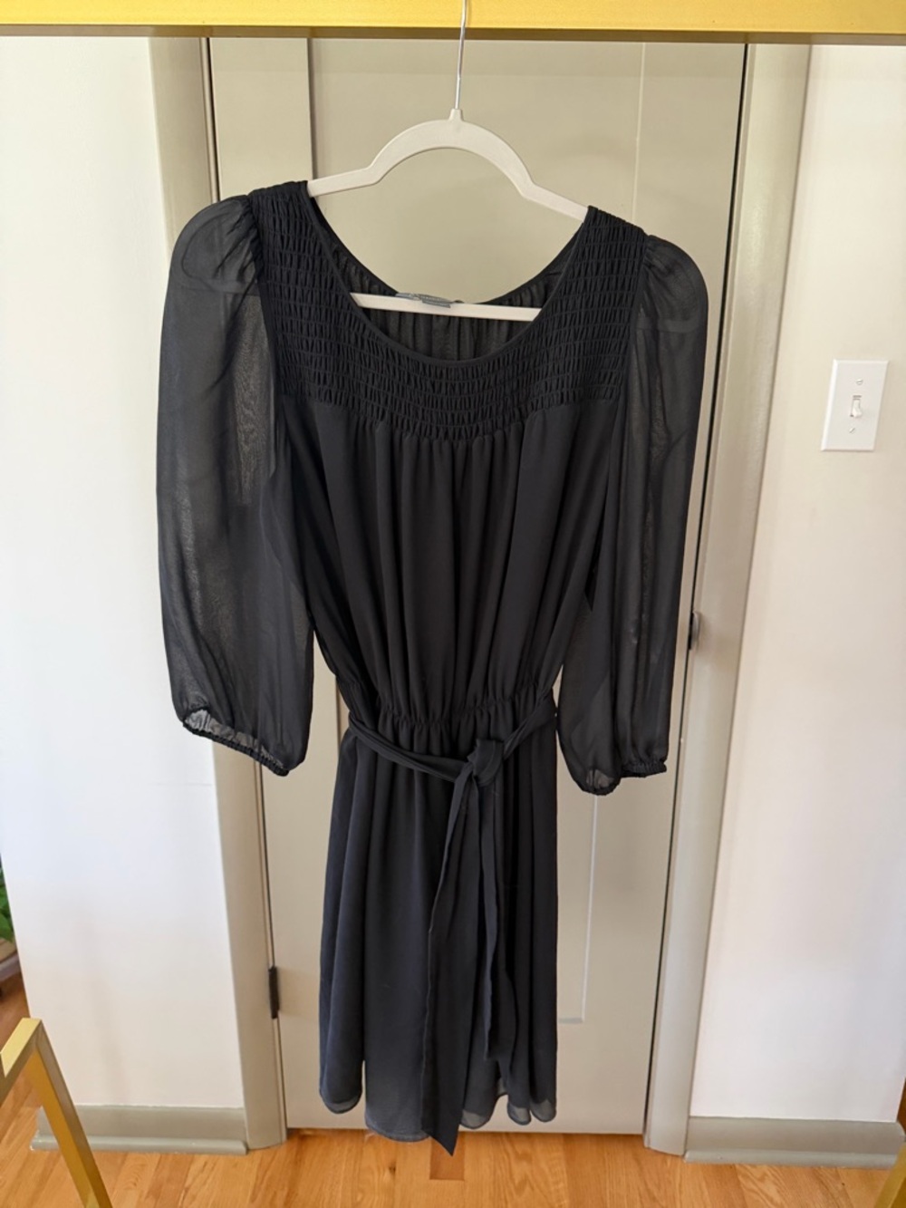 A/X Armani Exchange Black Smocked Yoke Belted Long Sleeve Dress